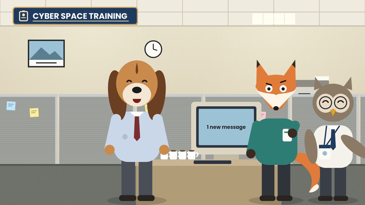 The Cyber Space Training office crew: animal coworkers in a late-90s cubicle office